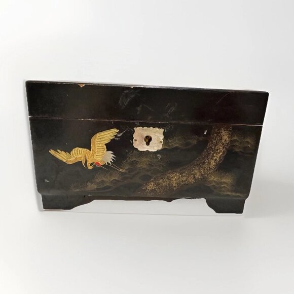 Vintage Japanese Black Enamel Musical Jewelry Box w/ Bronze Inlay – Beautiful - Picture 4 of 12